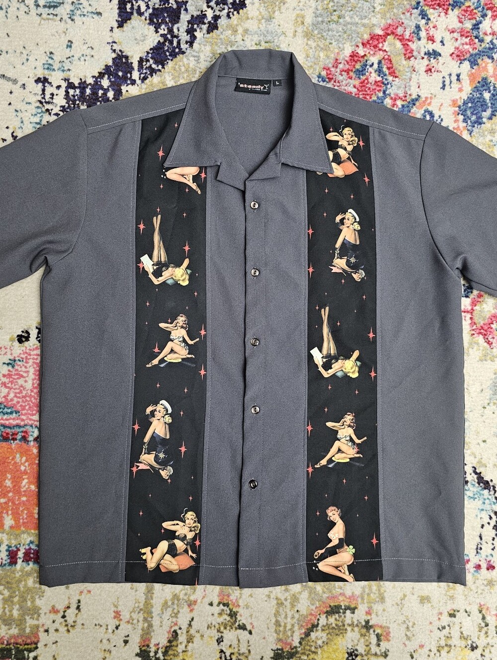 VTG Steady Last Call Mens Large USA Made Shirt Button Pinup Girls Bowling